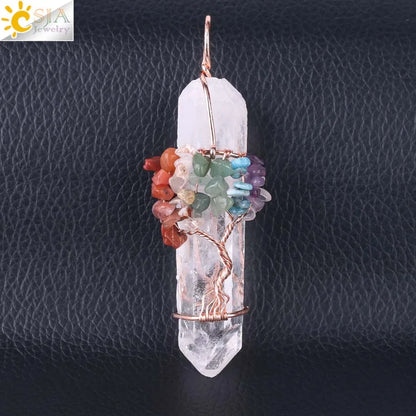 CSJA Natural Stone Rock Crystal Pendant Reiki Chakra Tree of Life Handmade Wire Wrapped Clear Quartz Pendant for Necklace F517