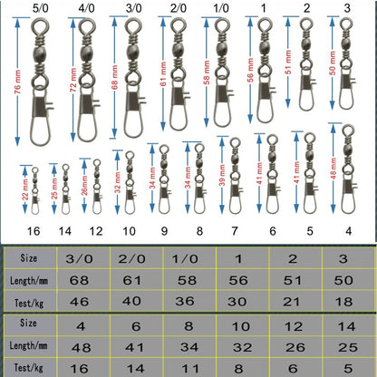 50pcs 14# to 3/0# Swivels Interlock Snap Fishing Lure Tackles Gear Accessories Connector Swivels Pin Bearing Rolling Solid Tool