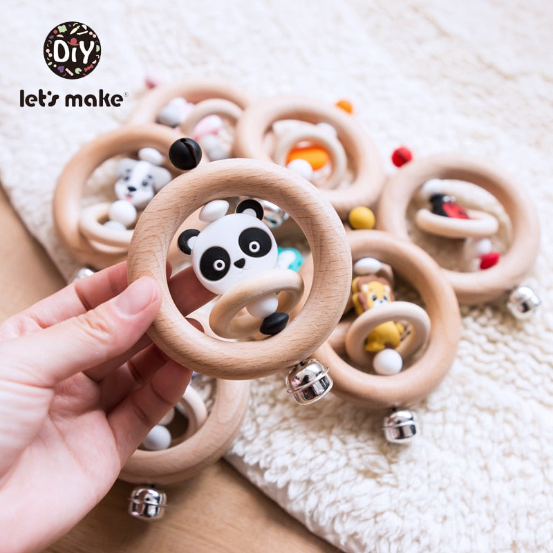 Baby Toys 1pc Silicone Beads Cartoon Rattle Teething Ring of Beech Wood 0-12 Moths Children Christmas Stroller Let's Make