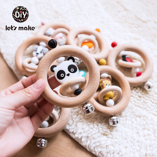 Baby Toys 1pc Silicone Beads Cartoon Rattle Teething Ring of Beech Wood 0-12 Moths Children Christmas Stroller Let's Make