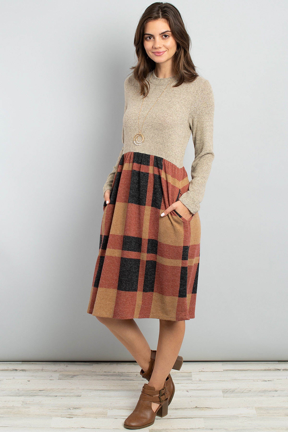 Two Toned High Neck Long Sleeves Plaid Contrast Dress