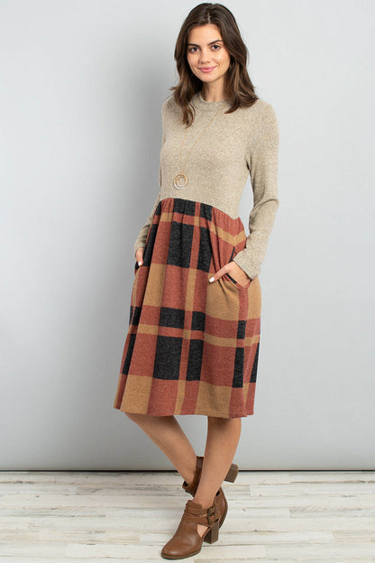 Two Toned High Neck Long Sleeves Plaid Contrast Dress