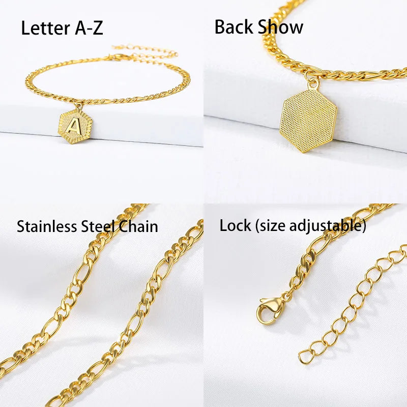 A-Z Initial Letter Anklets for Women Stainless Steel Anklet  21cm + 10cm Figaro Chain Summer Beach Accessories Jewelry