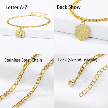 A-Z Initial Letter Anklets for Women Stainless Steel Anklet  21cm + 10cm Figaro Chain Summer Beach Accessories Jewelry