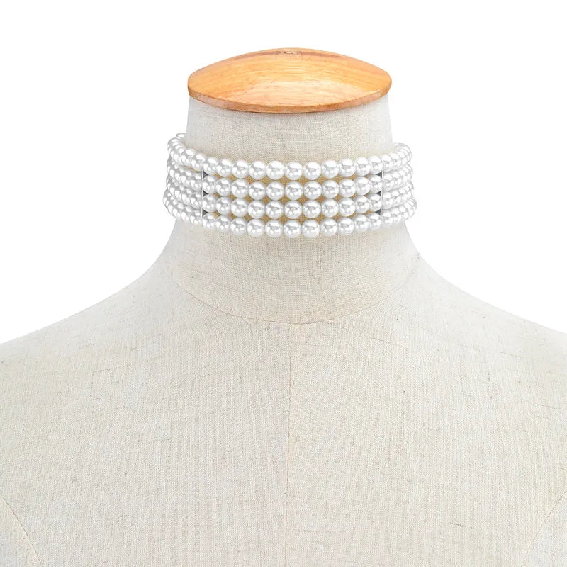Ingemark Fashion Multilayer White Imitation-Pearl Choker With Metal Slice Fixation Wide Bib Necklace Jewelry for Charm Women
