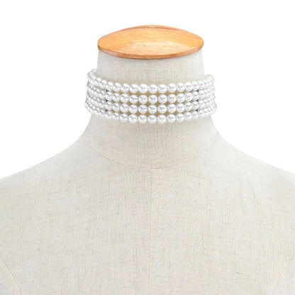 Ingemark Fashion Multilayer White Imitation-Pearl Choker With Metal Slice Fixation Wide Bib Necklace Jewelry for Charm Women