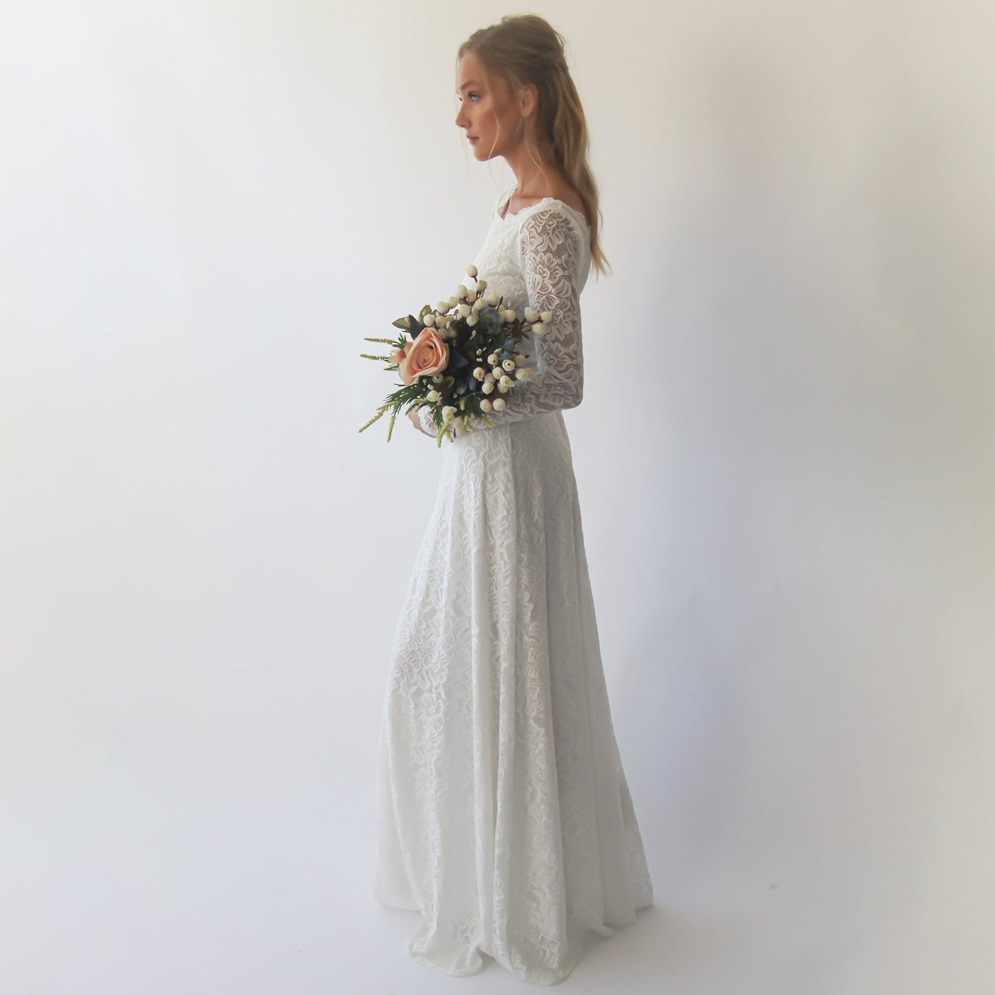 Bestseller Long Sleeves Boat Neckline Modest Wedding Dress #1297