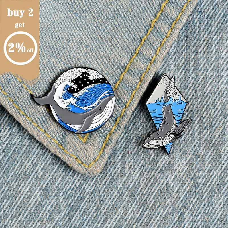Wave Pins Ocean Sea Wave Brooches Organ Heart Light Bulb Whale Sun Creative Badges Blue Wave Enamel Pin Collection