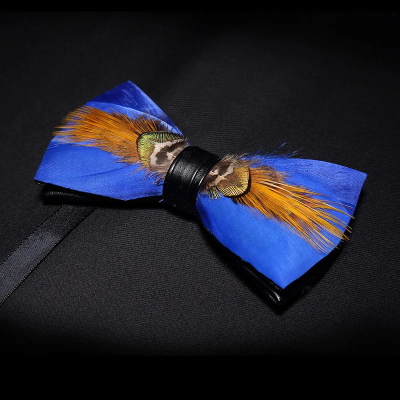KAMBERFT Designer Brand Handmade Feather and Leather Pre-Tied Bow Tie and Brooch Sets for Men Wedding Party Best Cravate
