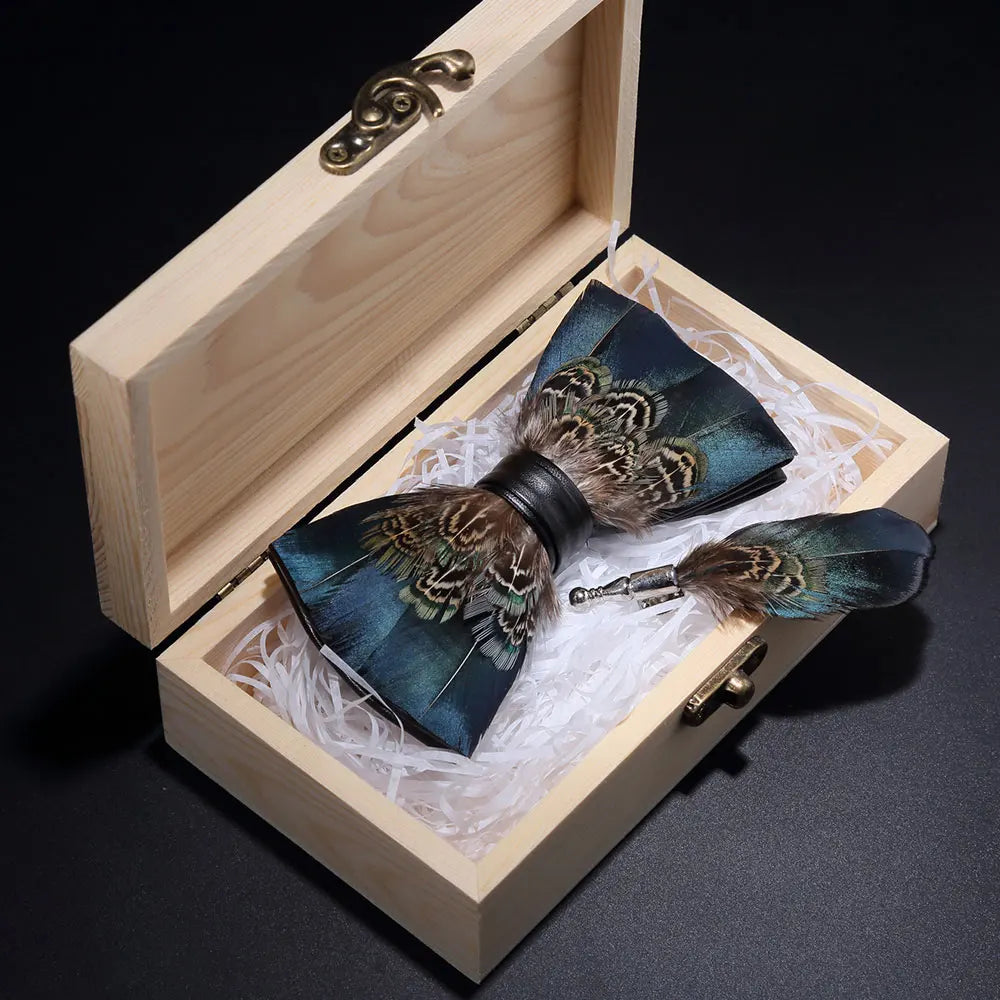 KAMBERFT Design Handmade Feather Bow Tie Brooch Wooden Box Set High Quality Men's Bowtie Leather Tie for Wedding Party Banquet