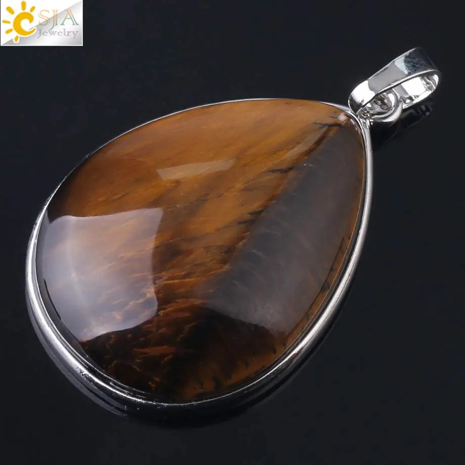 CSJA Natural Stone Pendants  Tiger Eye Pink Quartz Purple Crystal Lapis Necklace Water Drop Flat Bead Women Healing Jewelry F982