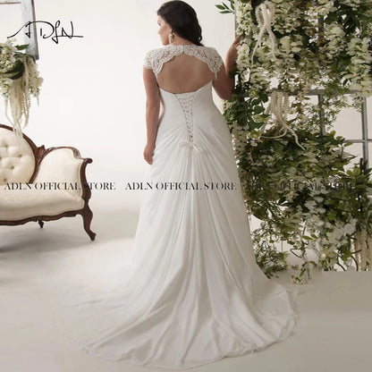 Elegant Plus Size Wedding Dresses V-Neck Cap Sleeves Robe De Mariage Sweep Train Appliqued Open Back Chiffon Bridal Gown