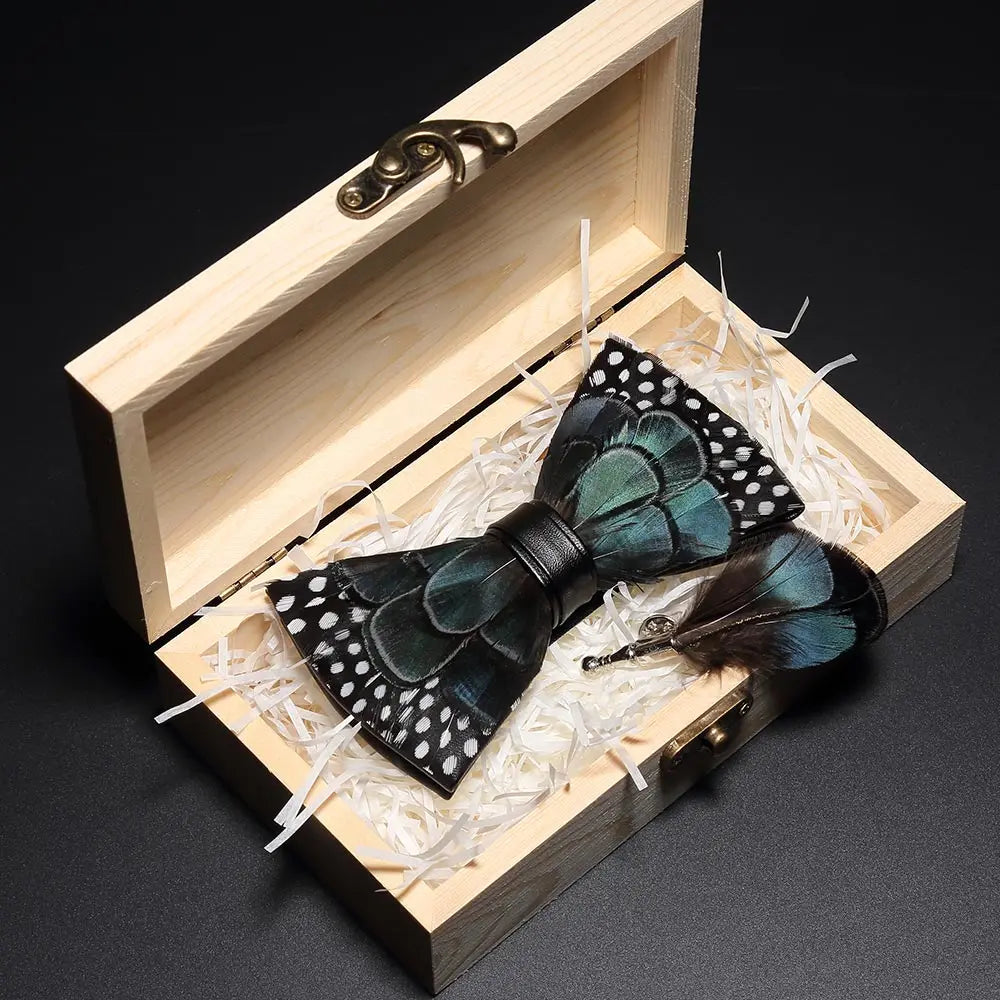 KAMBERFT Design Handmade Feather Bow Tie Brooch Wooden Box Set High Quality Men's Bowtie Leather Tie for Wedding Party Banquet