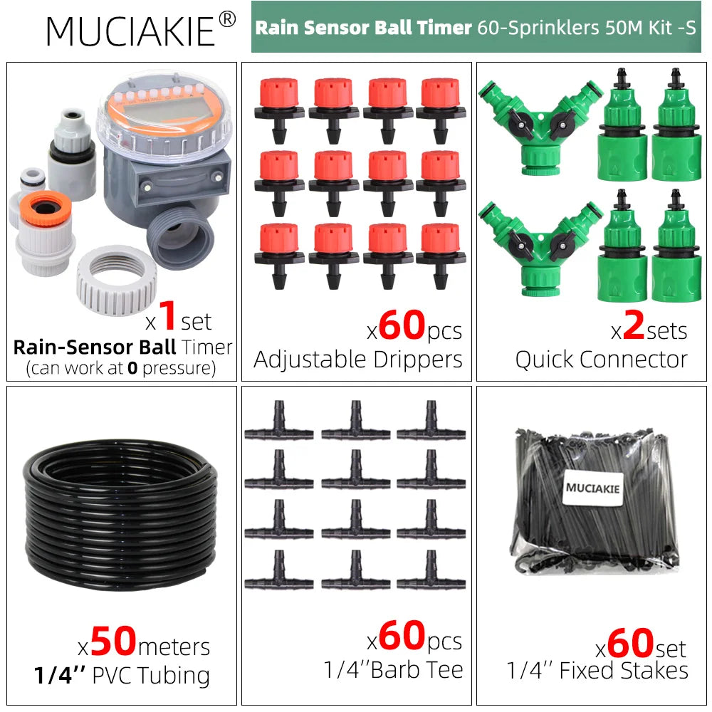 MUCIAKIE 50m-5m DIY Drip Irrigation System Automatic Watering Garden Hose Micro Drip Watering Kits With Adjustable Drippers