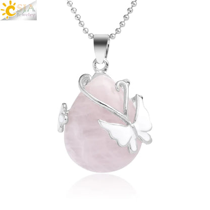 CSJA Water Drop Natural Stone Pendant Butterfly Necklace Pink Quartz Purple Crystal Tiger Eye Flower Necklace for Women Men G082
