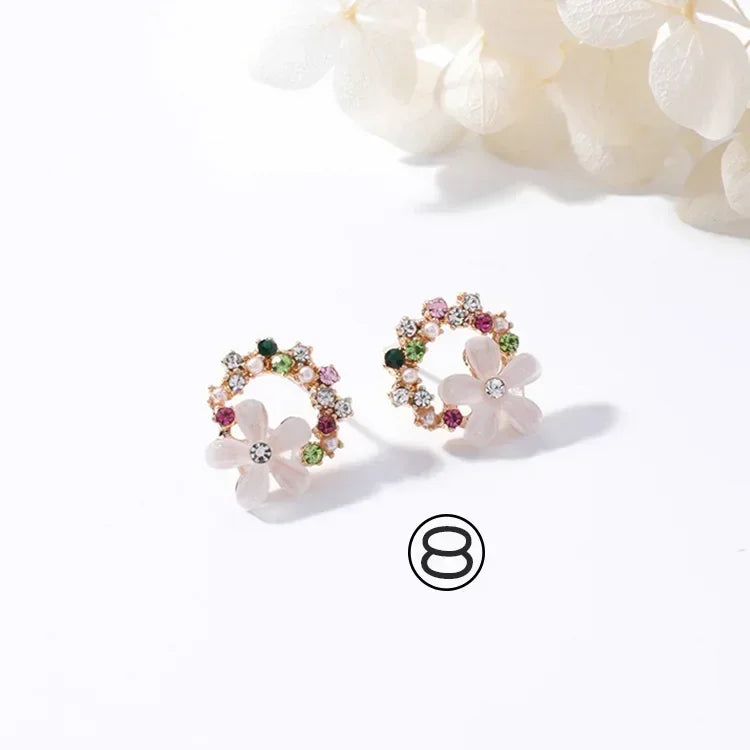 Korean Jewelry Fresh Cute Hook Drop Oil Flower Stud Earrings Crystal Earring for Women