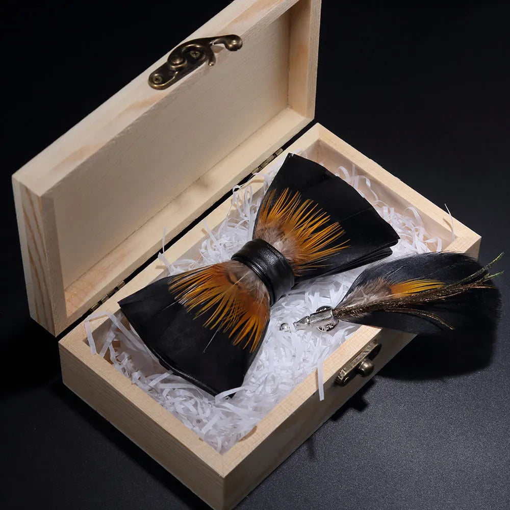 KAMBERFT Design Handmade Feather Bow Tie Brooch Wooden Box Set High Quality Men's Bowtie Leather Tie for Wedding Party Banquet