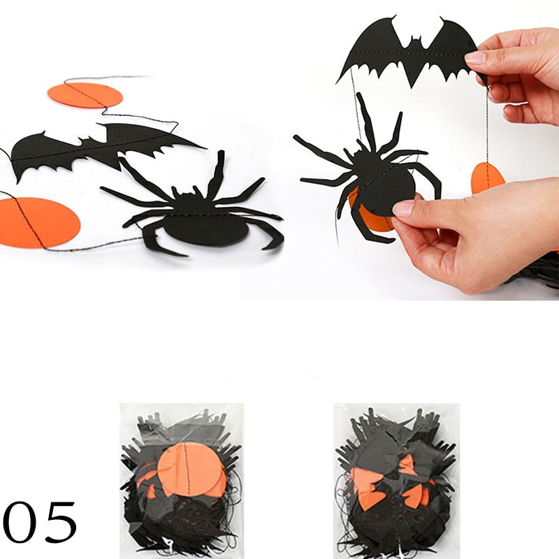 4M Orange/Black Paper Hanging Flag Halloween Decoration Prop Round Spider Pumpkin Bat Bunting Banners Halloween Party Supplies