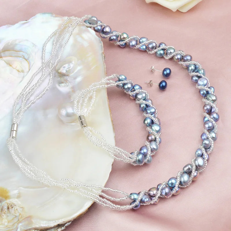 ASHIQI Real Natural Freshwater Pearl Handmade Jewelry Sets & More Necklace Bracelet 925 Silver Earrings for Women Wedding