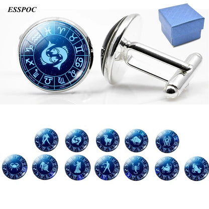 12 Zodiac Signs Glass Cabochon Cufflinks Metal Constellations Cuff Link for Men Shirt Accessories Valentines Day