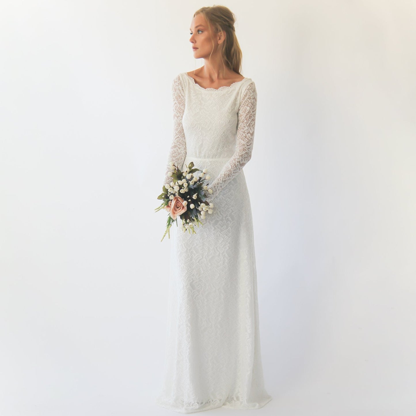Bestseller Long Sleeves Boat Neckline Modest Wedding Dress #1297