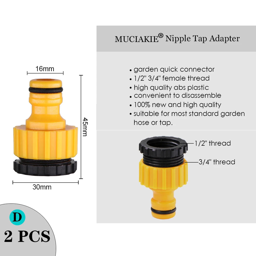 MUCIAKIE Variety Style Garden Tap 1/2" 3/4" Male Female Thread Nipple Joint 1/4" Hose Quick Connector Irrigation Water Splitters