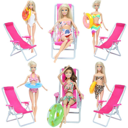 3 Pcs/Lot = 1x Swimsuit Bikini + 1x Random Swimming Buoy Lifebelt Ring +1x Pink Foldable Beach Chair Accessories for Barbie Doll