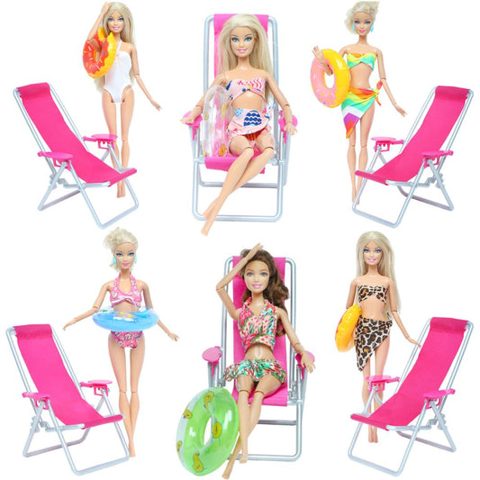 3 Pcs/Lot = 1x Swimsuit Bikini + 1x Random Swimming Buoy Lifebelt Ring +1x Pink Foldable Beach Chair Accessories for Barbie Doll