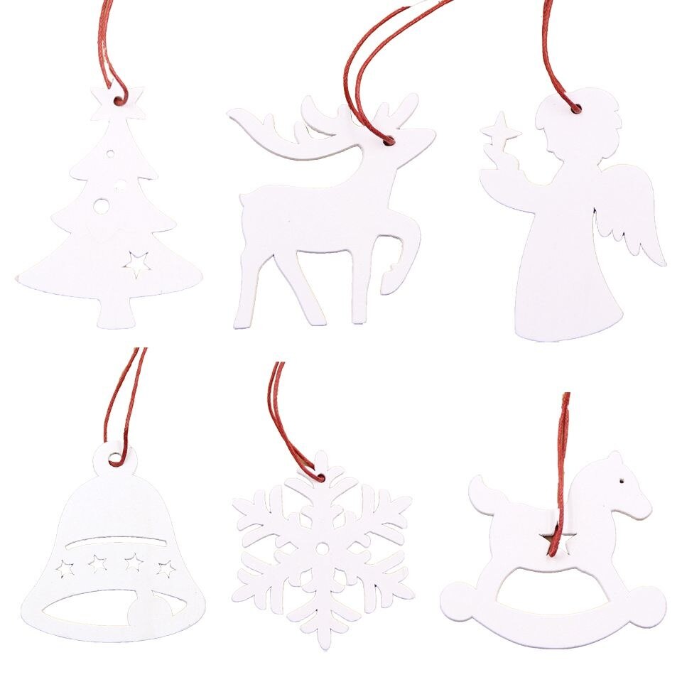 6PCS DIY White&Red Snowflakes Christmas Wooden Pendants Ornaments for Xmas Tree