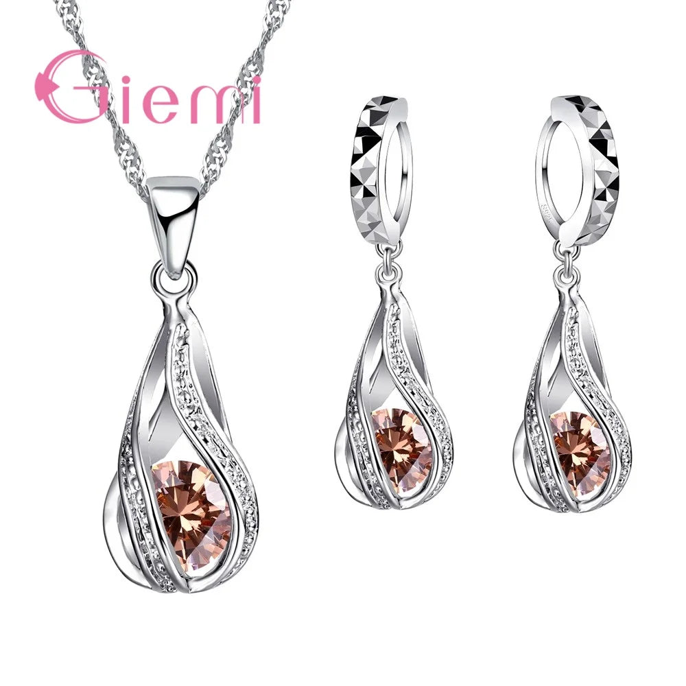 100% 925 Sterling Silver New Water Drop Cubic Zircon Pendant Necklace&Earrings for Women Ladies Jewelry Sets Wedding