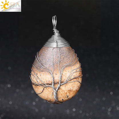 CSJA Natural Stone Pink Quartz Necklace & Pendant Silver-Color Tree of Life Wire Wrapped Water Drop Shape for Women Jewelry F122