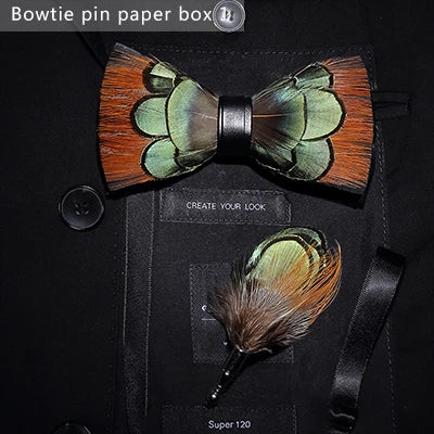 JEMYGINS Bowtie Natural Brid Feather Exquisite Hand Made Men Bow Tie Brooch Pin