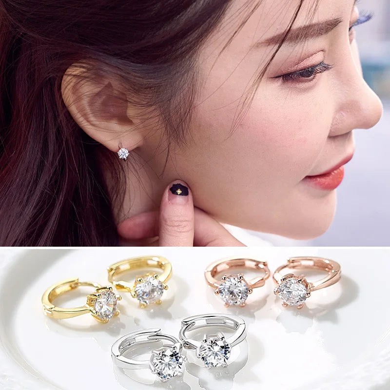 ZHOUYANG Stud Earrings for Women Classic Six Claw Clear AAA+Cubic Zirconia Rose Gold Color Fashion Jewelry for Girls KAE094
