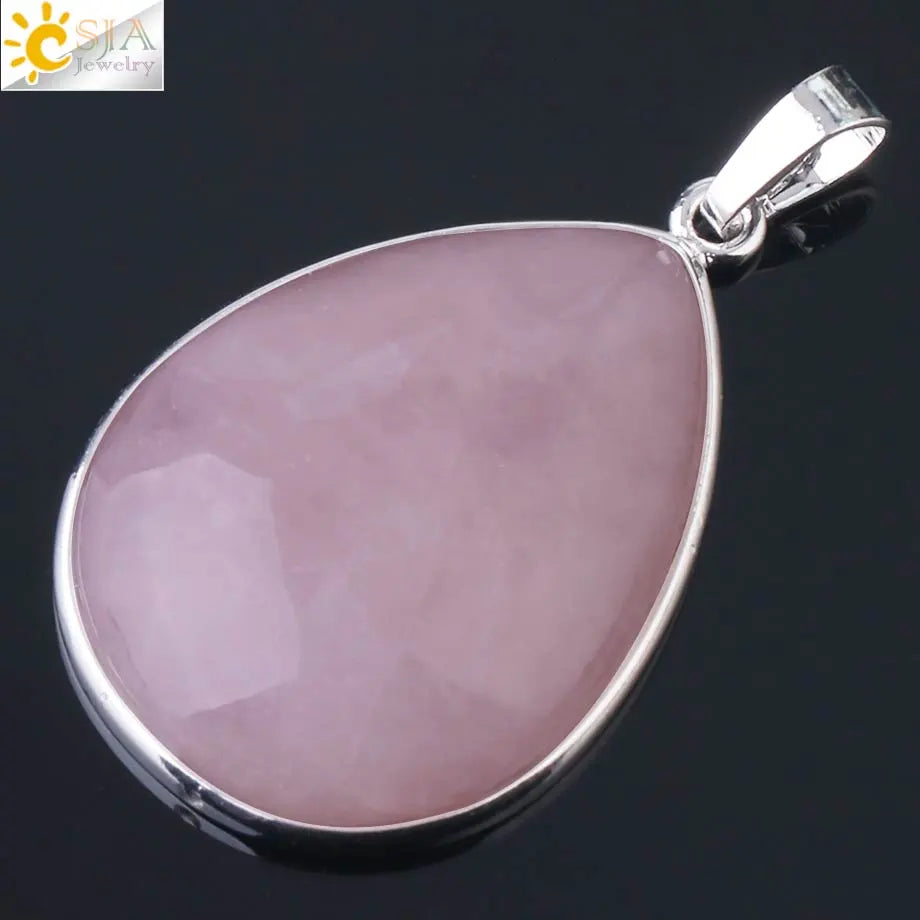 CSJA Natural Stone Pendants  Tiger Eye Pink Quartz Purple Crystal Lapis Necklace Water Drop Flat Bead Women Healing Jewelry F982