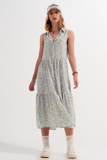 Sleeveless Shirt Dress in Blue Floral Print