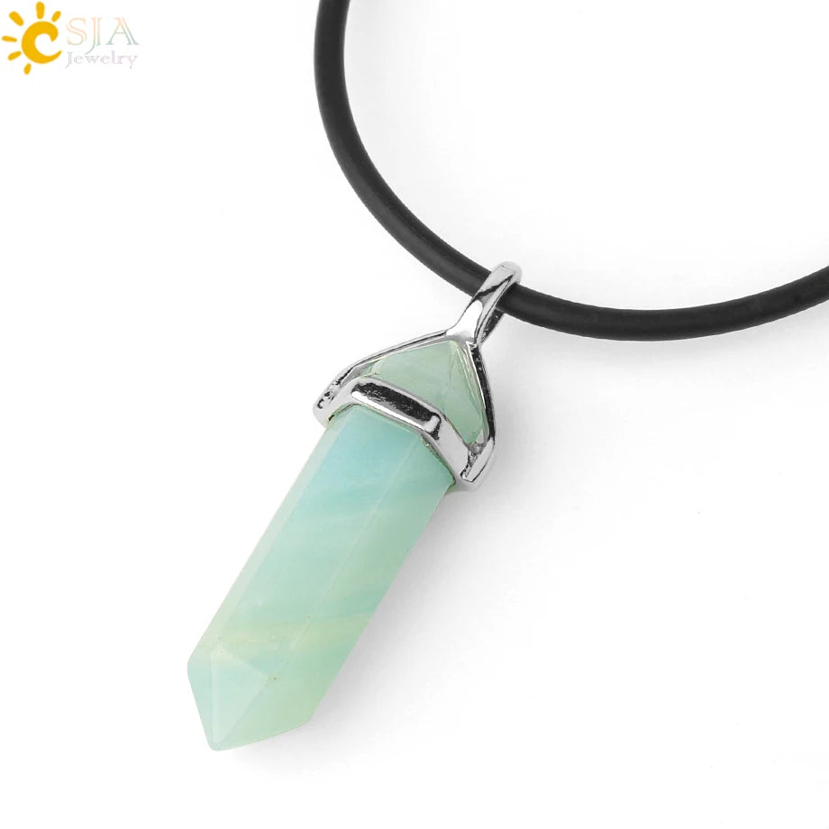 CSJA Hexagonal Column Necklaces Natural Stone Amazonite Pendant Two Sharp Angle Quartz Beads for Women Men Jewelry F185