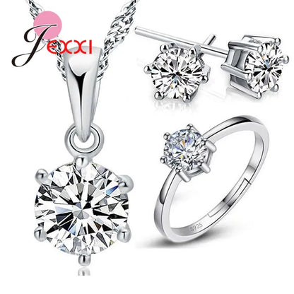 925 Sterling Silver Needle Bridal Jewelry Sets for Women Accessory Cubic Zircon Crystal Necklace Rings Stud Earrings Set