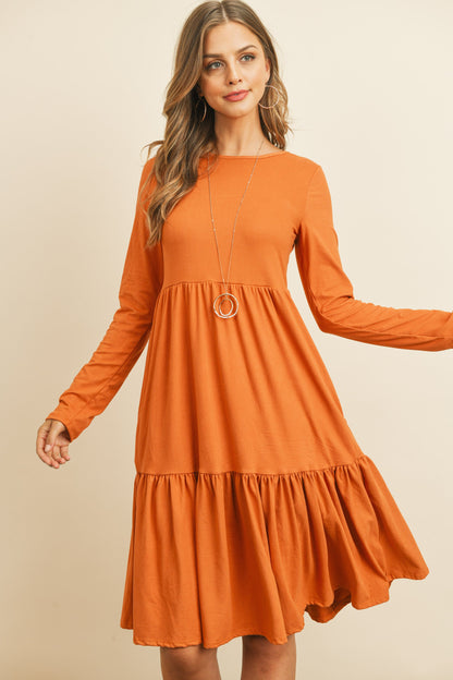 Solid Long Sleeve Double Layered Ruffle Dress