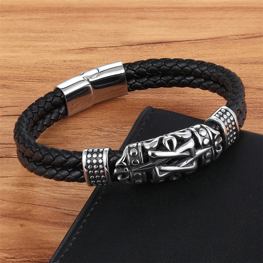 XQNI Punk Style Ancient Architecture Totem Elegant Small Adorn Article Leather Bracelet Double Layer Hand Jewelry