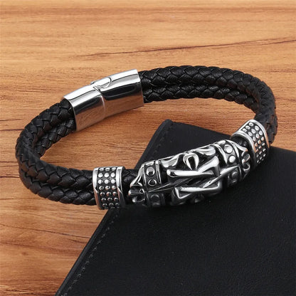 XQNI Punk Style Ancient Architecture Totem Elegant Small Adorn Article Leather Bracelet Double Layer Hand Jewelry