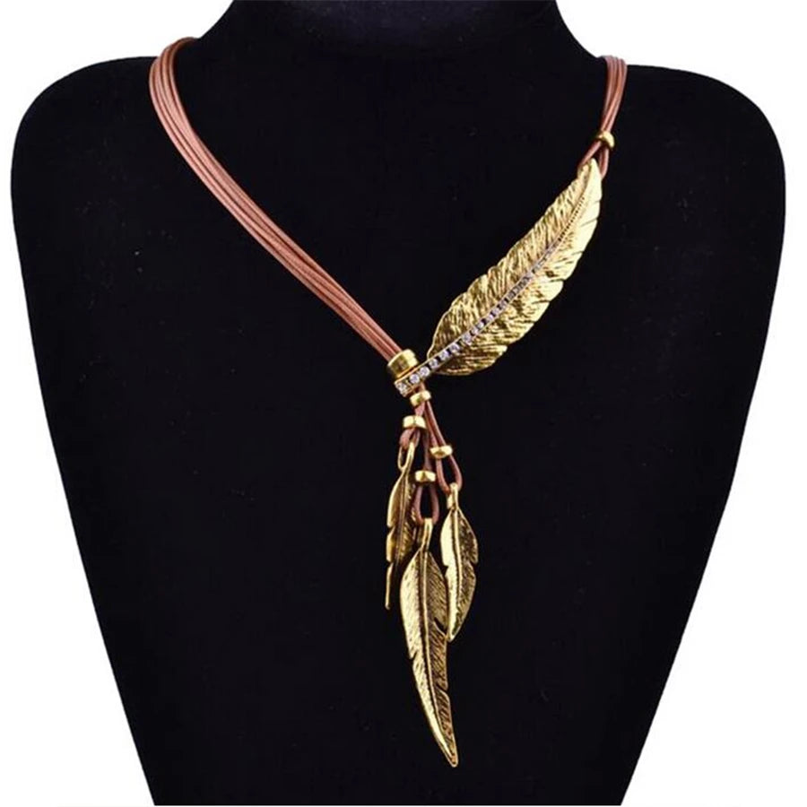 Collier Femme Feather Necklaces & Pendants Rope Leather Vintage Maxi Colar for Statement Necklace Women Fashion Jewelry Bijoux