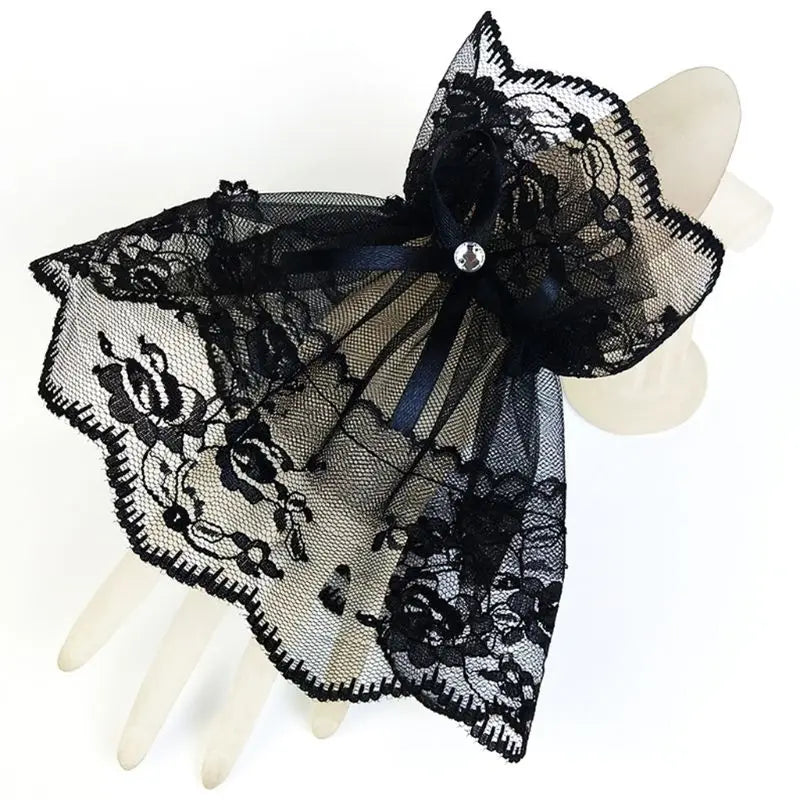 Women Black Lace Wrist Cuffs Bracelets Wedding Rhinestone Bow Fingerless Gloves