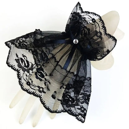 Women Black Lace Wrist Cuffs Bracelets Wedding Rhinestone Bow Fingerless Gloves