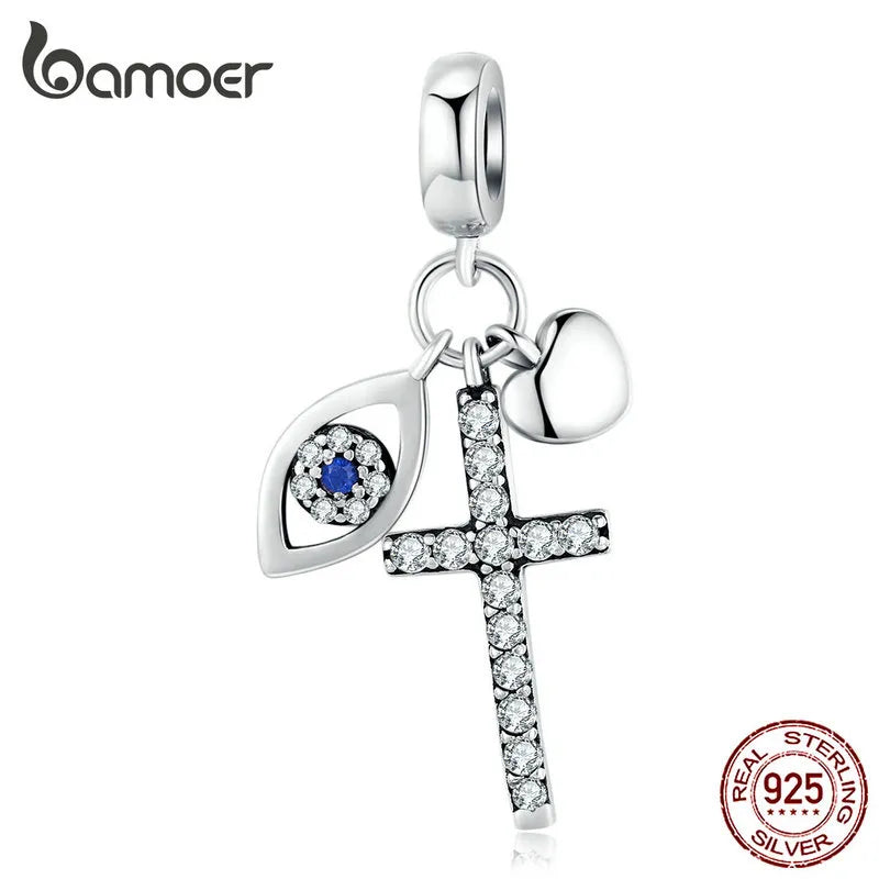 Bamoer Multiple Guardian Eye Pendant Charm for Bracelet 925 Sterling Silver Corss Charm Silver 925 Original Jewelry SCC1327