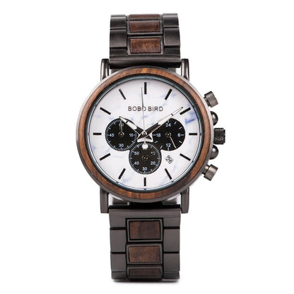 BOBO BIRD Luxury Wood Stainless Steel Men Watch Stylish Wooden Timepieces Chronograph Quartz Watches Relogio Masculino Man