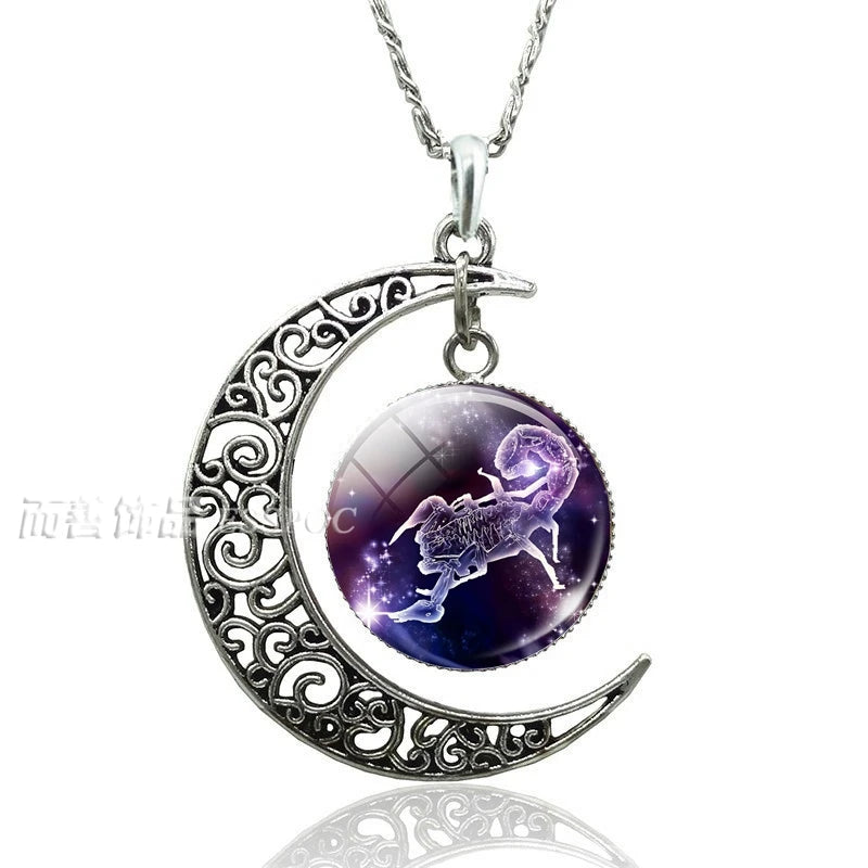 12 Constellation Crescent Moon Necklace Zodiac Sign Glass Jewelry Pendant Aries Gemini Cancer Leo Women Birthday