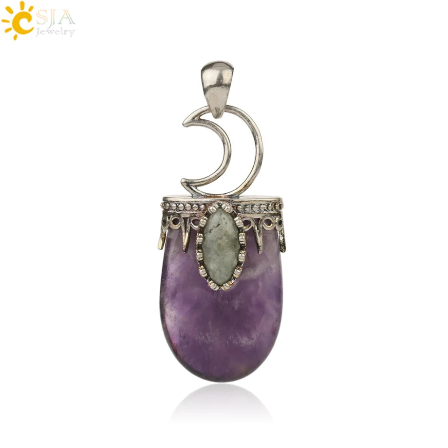 CSJA Natural Stone Crystal Pendants Necklace Antique Silver Color Purple Pink Quartz Necklace Jewelry Crown Moon Charm G274