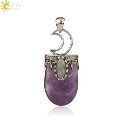 CSJA Natural Stone Crystal Pendants Necklace Antique Silver Color Purple Pink Quartz Necklace Jewelry Crown Moon Charm G274