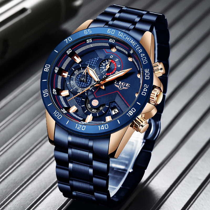 2022 LIGE New Blue Fashion Business Clock Mens Watches Top Brand Luxury All Steel Waterproof Quartz Gold Watch Relogio Masculino