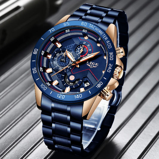 2022 LIGE New Blue Fashion Business Clock Mens Watches Top Brand Luxury All Steel Waterproof Quartz Gold Watch Relogio Masculino